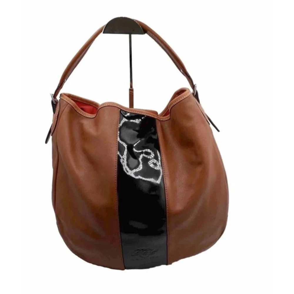 Lauren Ralph Lauren Brown Leather Shoulder‎ Bag Patent Stripe Red Lining 37-06